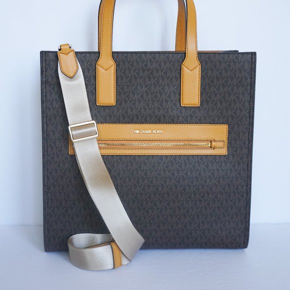 Michael Kors Kenly Large North South Tote Shoulder Bag MK Brown Yellow - Picture 10 of 10